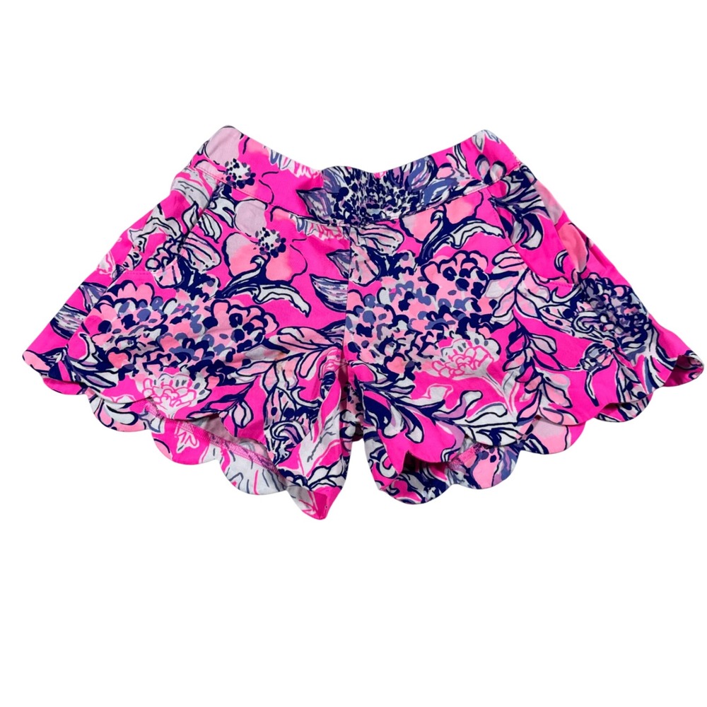 Lilly Pulitzer Scalloped Shorts Womens XXS Pink Blue Floral Smocked Back Preppy